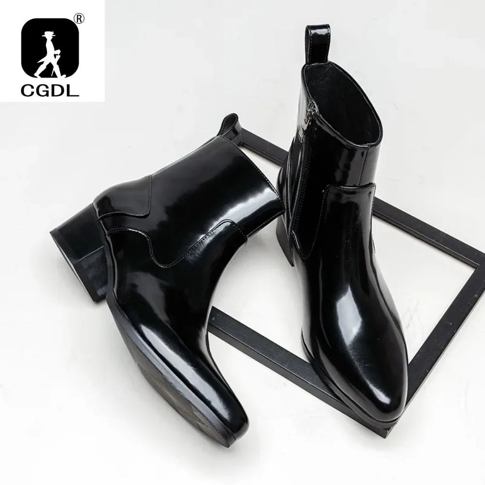 Patent Leather Mens Platform Boots with Heels Luxury Real Cow Leather Winter Warm Shoes Increase Height 5 Cm Side Zip No Laces