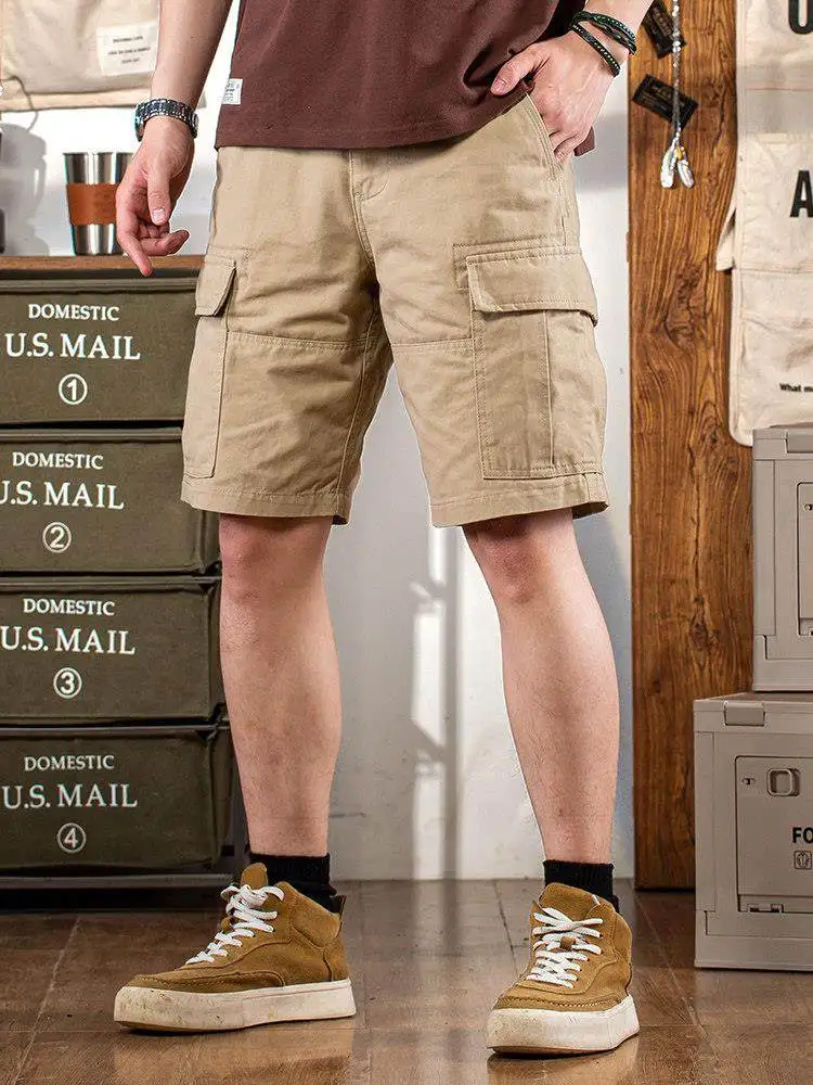 

Мужские летние повседневные брюки American Sle из чистого хлопка, цвет хаки, с множеством карманов, длина до колена