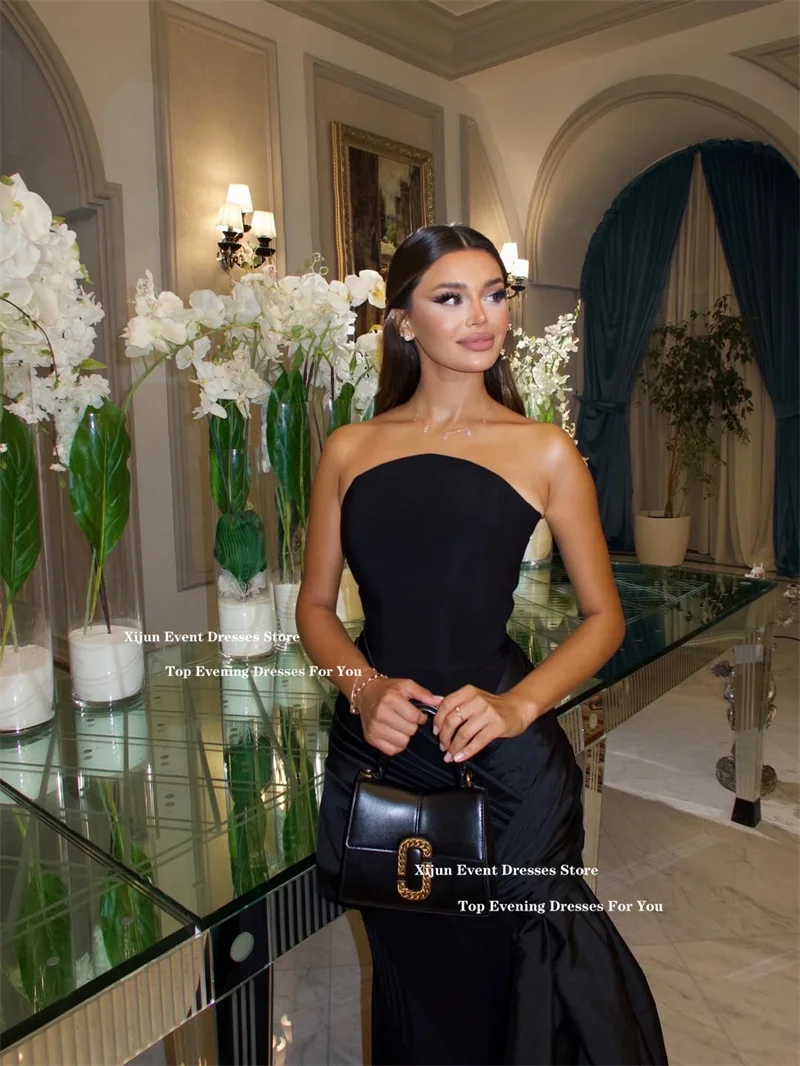 Xijun Zwarte Zeemeermin Crêpe Avondjurken Mouwloos Geplooide Lange Galajurken Formele Gelegenheid Strapless Galajurken Op maat