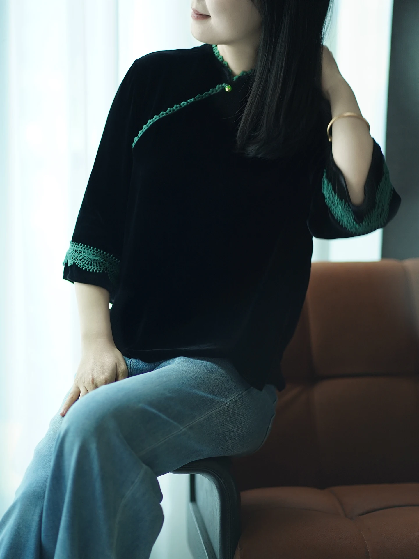 

Ephirean Chinese Sle Vintage Silk Velvet Seven-Quarter Sve Women's Top Autumn National Sle Lace Trim Button Coat