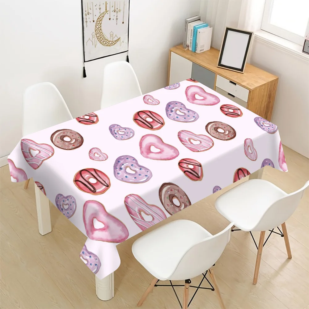 Cute Pink Donut Pattern Waterproof Tablecloth for Dining Room Kitchen Countertop Decor