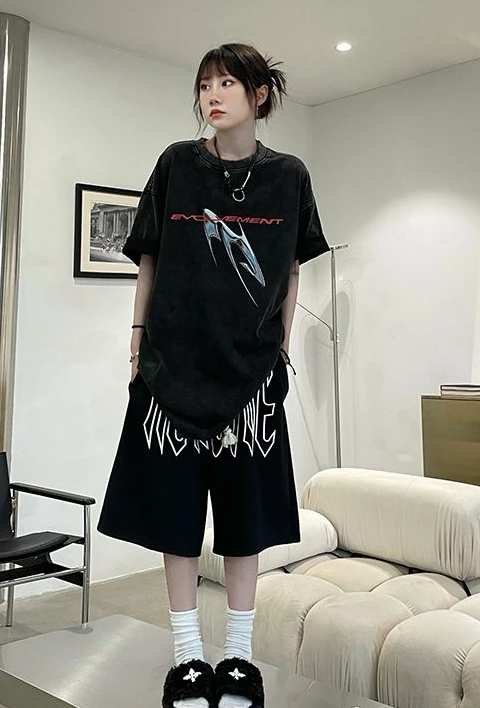 simple washed black letter printed loose T-shirt for men and women summer street casual trendy brand short sleeved y2k emo tops