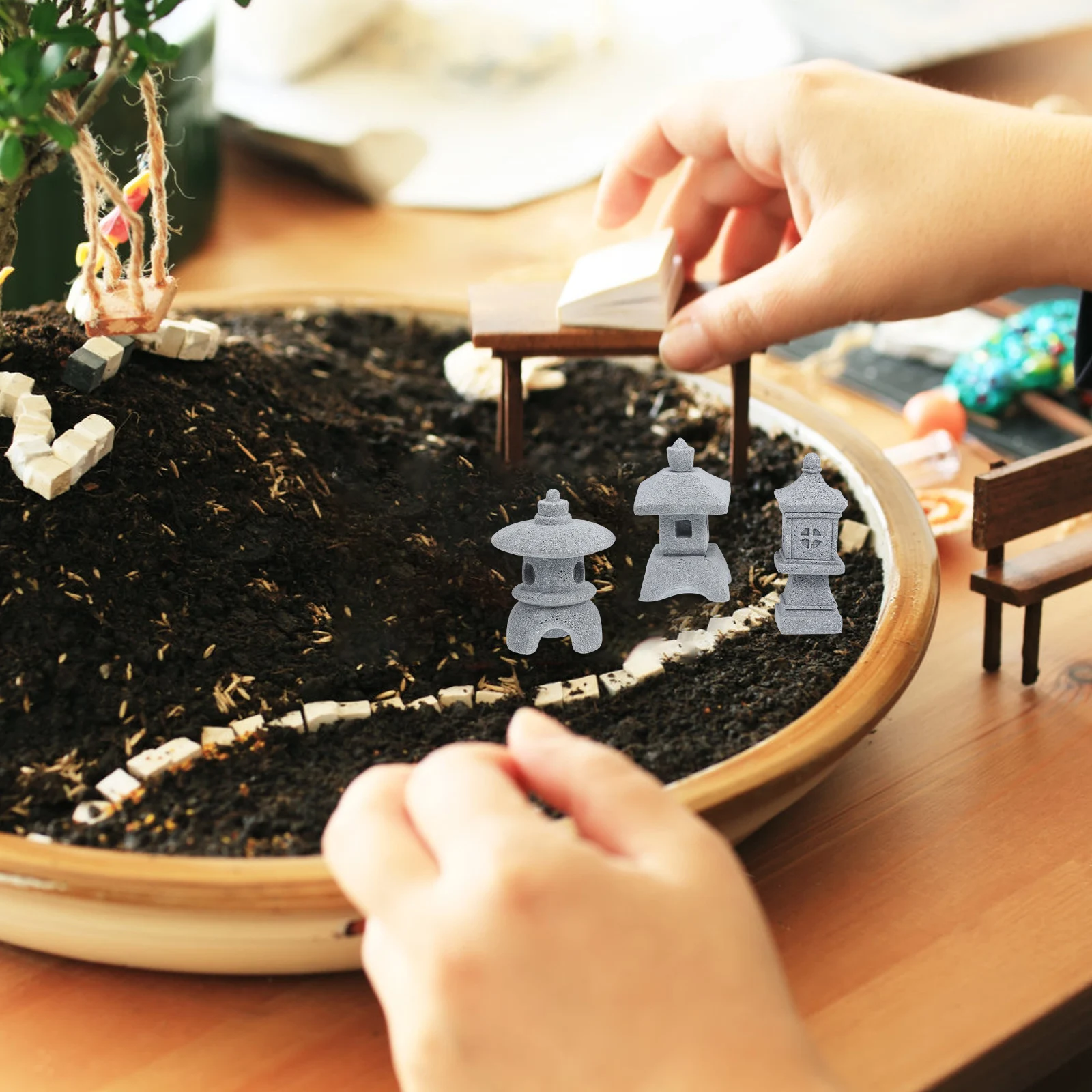 

3pcs Stone Pavilion Ornaments Mini Pagoda Statue Japanese Garden Decor Aquarium Fish Tank Landscape Model Home Placement