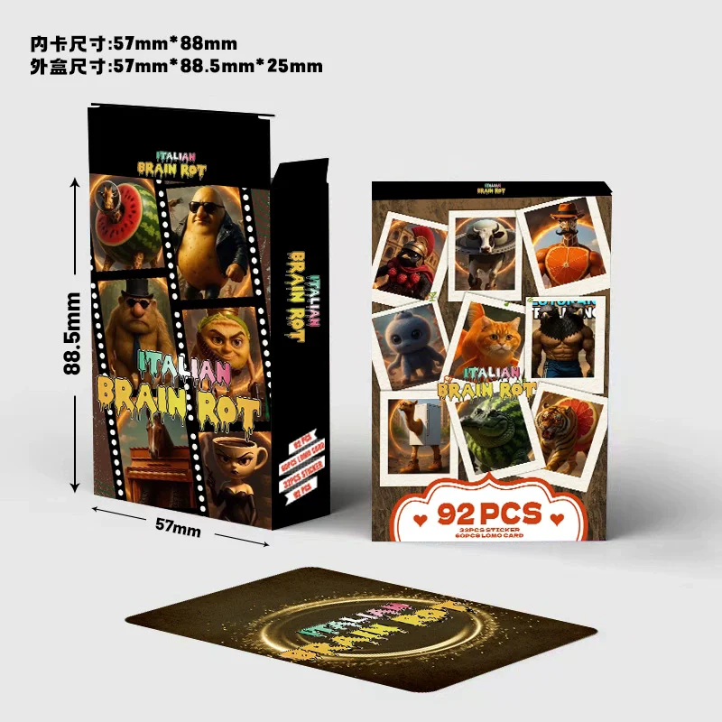 92 قطعة/المجموعة/المجموعة TungTungTungSahur الإيطالية Brainrot عصا خشبية ليزر لومو بطاقة أجنبية شان هاي جينغ بطاقات الصور مع ملصقات