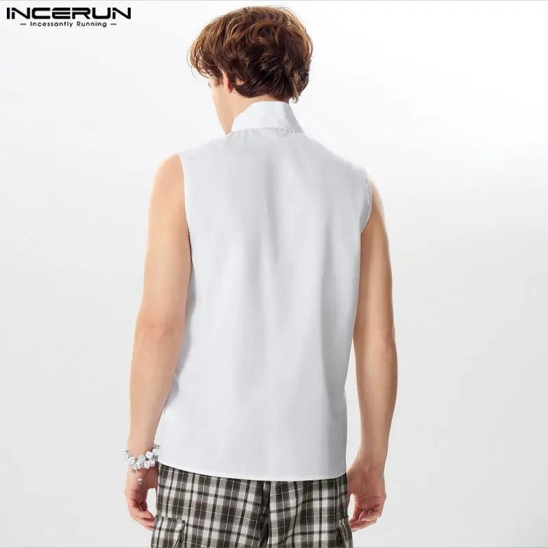 INCERUN Men Irregular Shirt Solid Color Lapel Sleeveless Casual Male Vests Streetwear Summer 2024 Fashion Men Clothing S-5XL