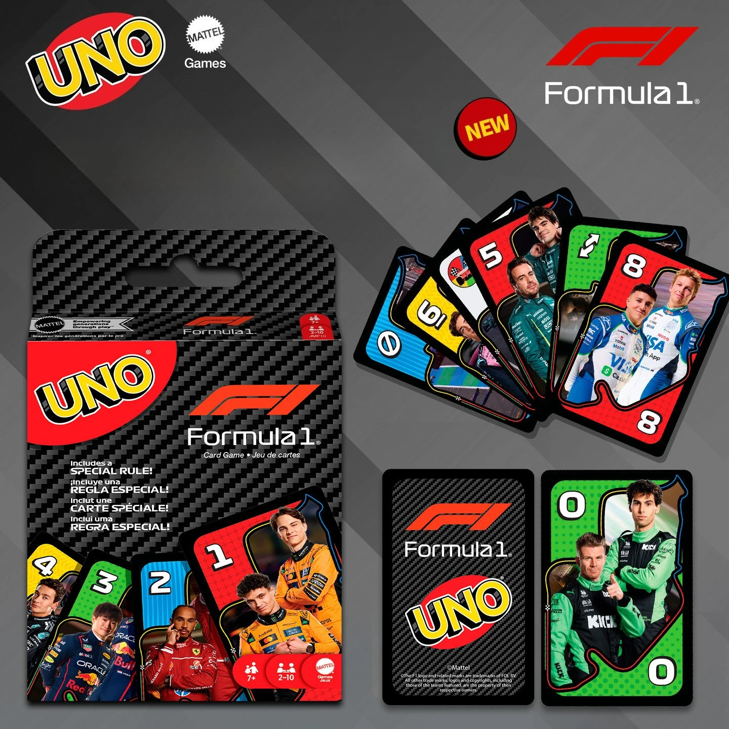 Juego de cartas Mattel UNO F1, baraja de carreras con temática oficial de Fórmula 1 para diversión de adultos, fiestas y noches de juegos familiares, un total de 112 cartas, juegos de mesa