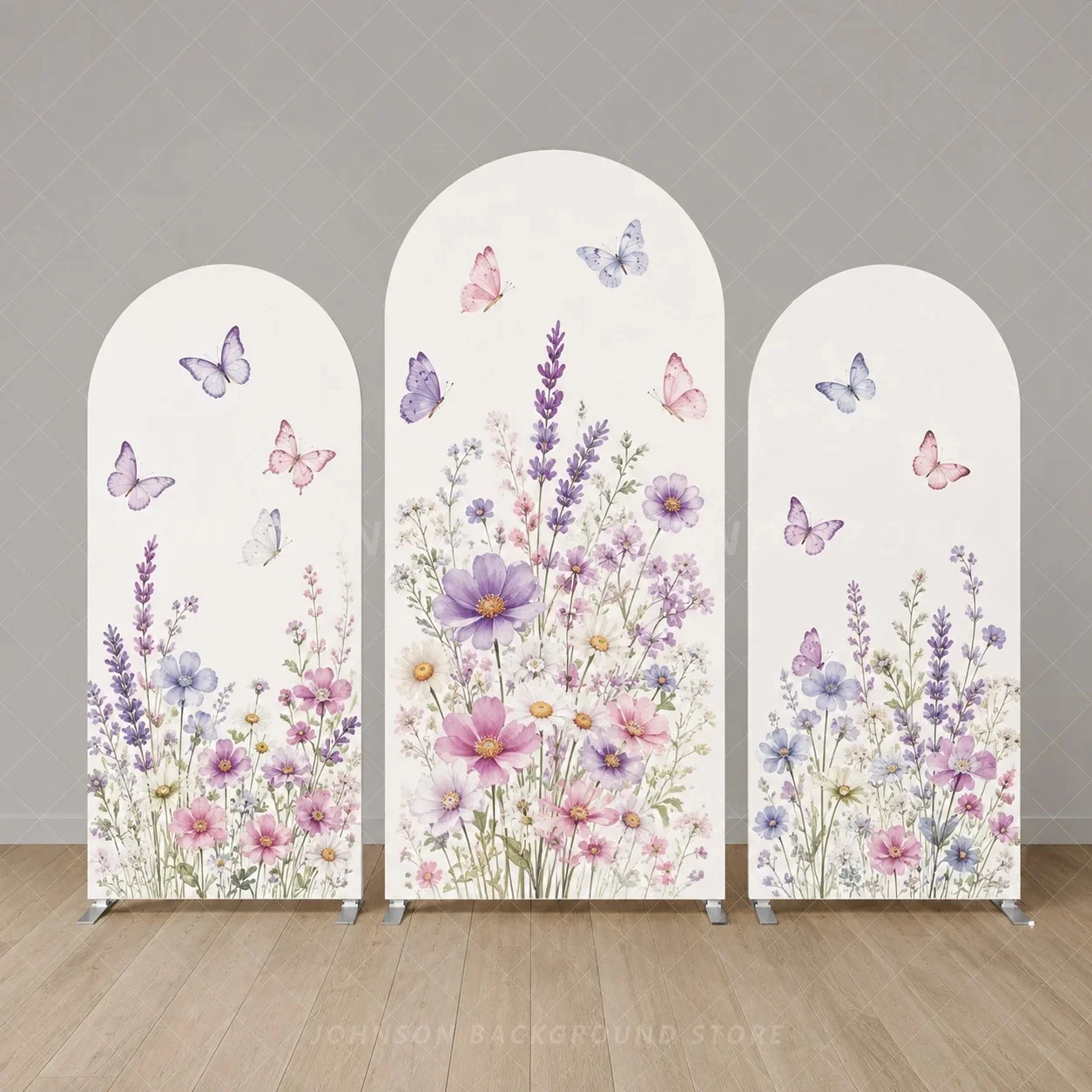 Purple Wildflower Arch Backdrop Cover Lavender Daisy Butterfly Floral flower Three Panel Spring Garden Background