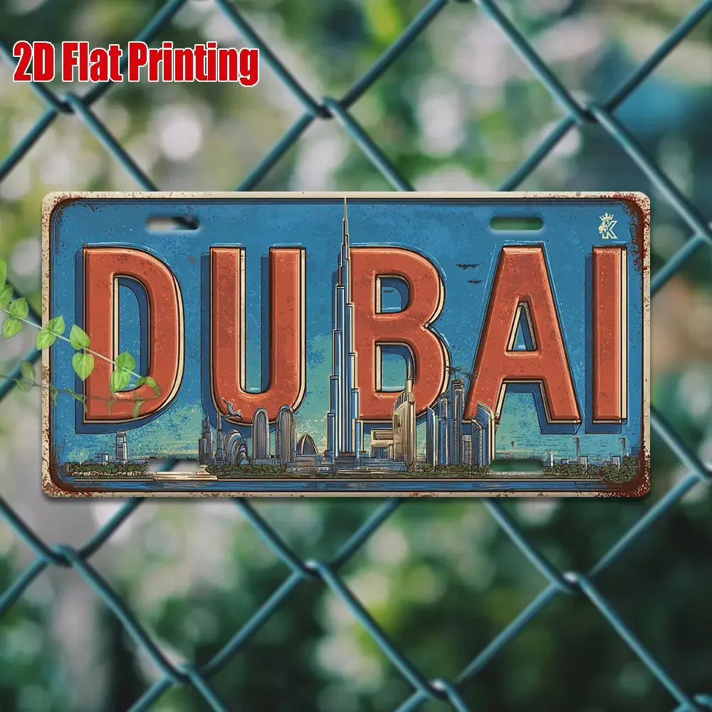 2D Flat - 1 Vintage Dubai Metal License Plate | Classic 2D Flat Aluminum Sign with Dubai Skyline, Large Size 29.97x14.99 cm, Ide