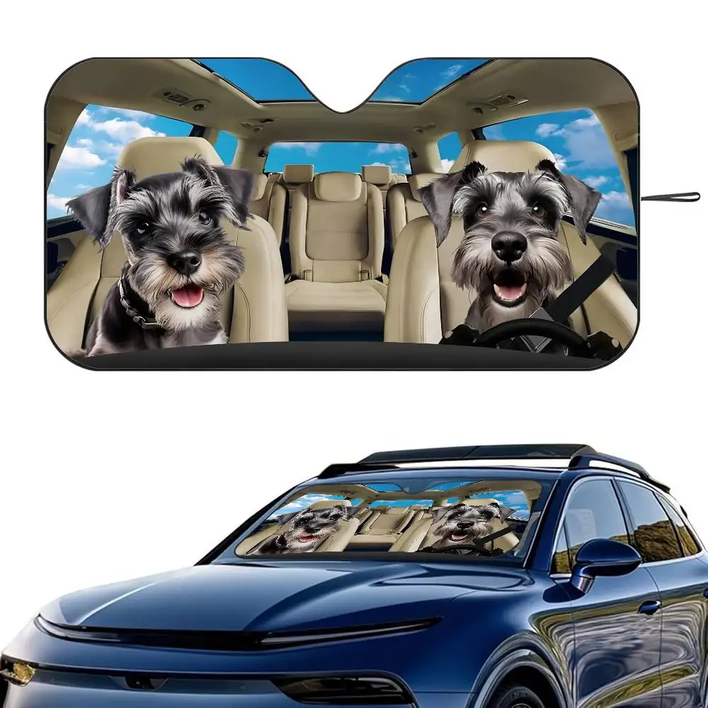 Cute Miniature Schnauzer Dog Car SunShade Windshield Foldable Three-layer Insulation Sunshade By Suction Cup Blocks UV Rays Sun