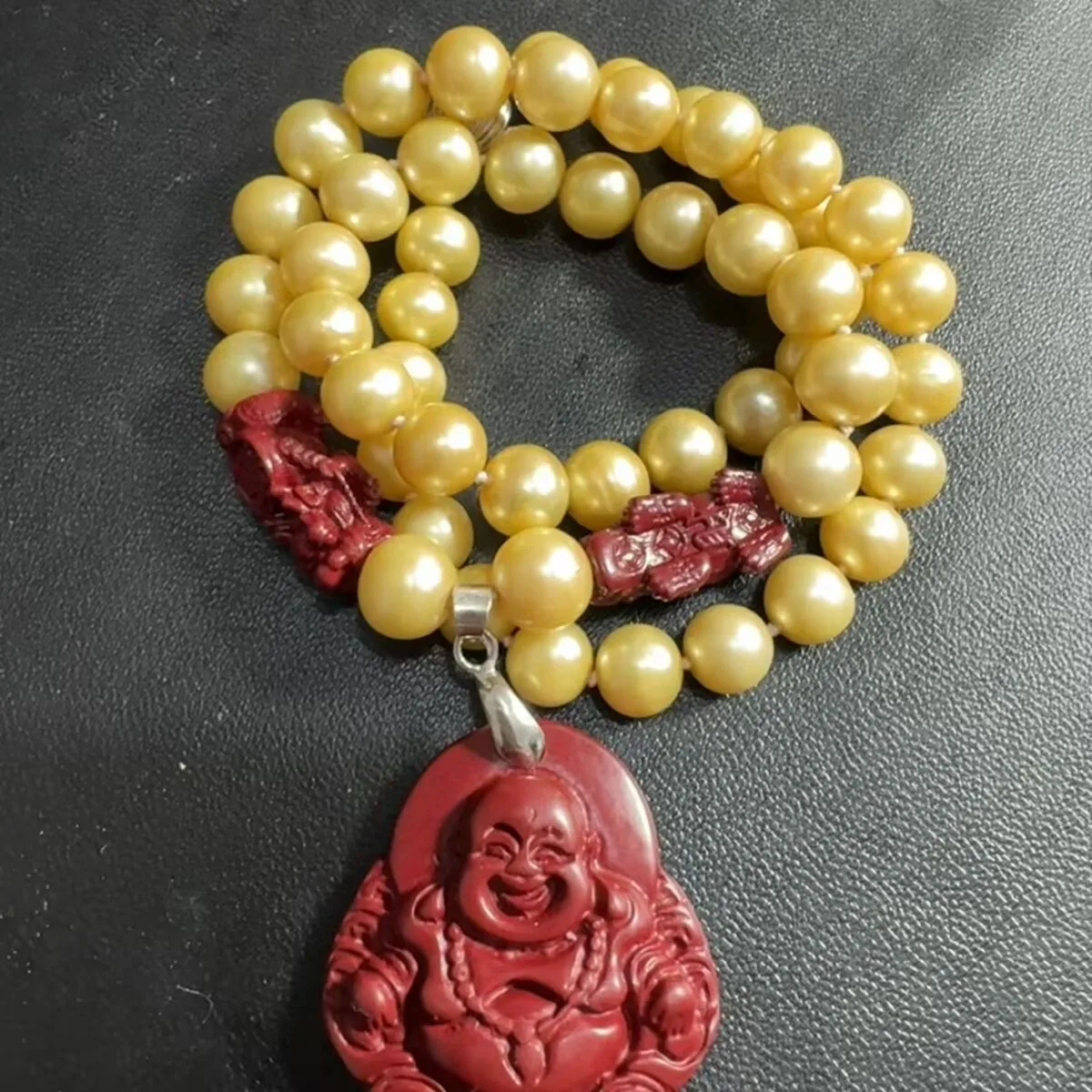 RARE Natural freshwater pearl cinnabar NECKLACE Buddhism pendant