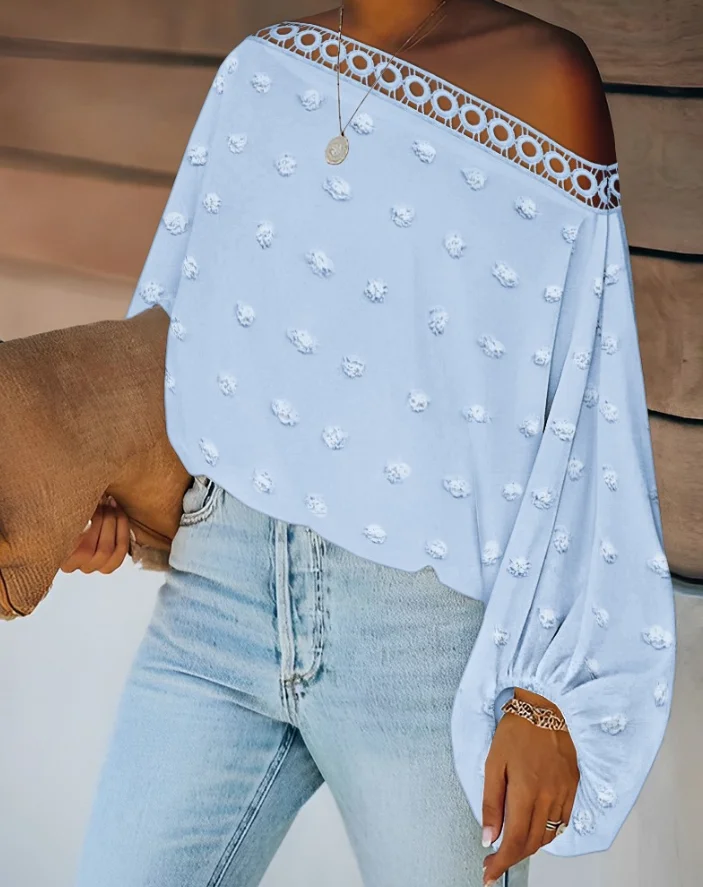 Jacquared Blusa con ribete de encaje de lunares grandes Top informal holgado con manga de murciélago