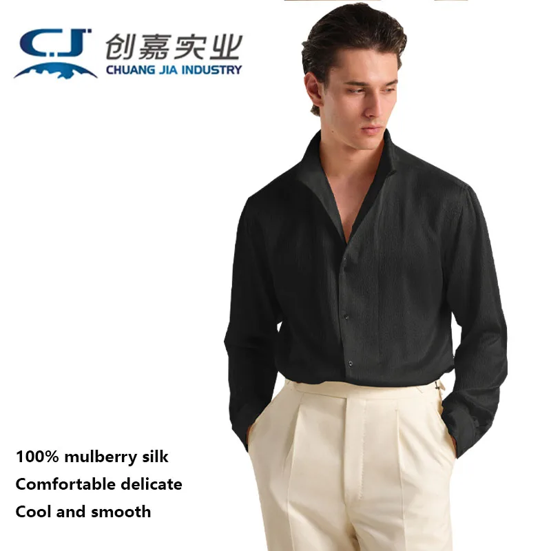 

Mulberry Silk Spring Summer Men's Long-sleeved Shirt White Youth Fashion Light Luxury Men's Smooth Glossy Soft Top Good quality