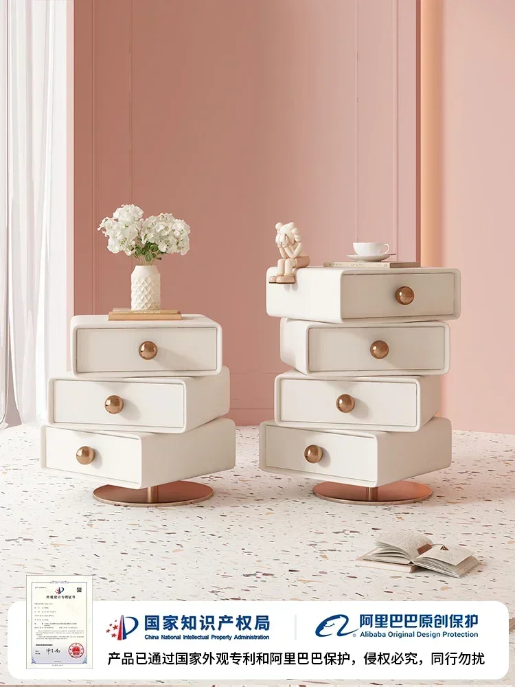 Three-layer bedside table, chest cabinet, rotating solid wood, simple modern light luxury ins Wachu style design sense, bedroom