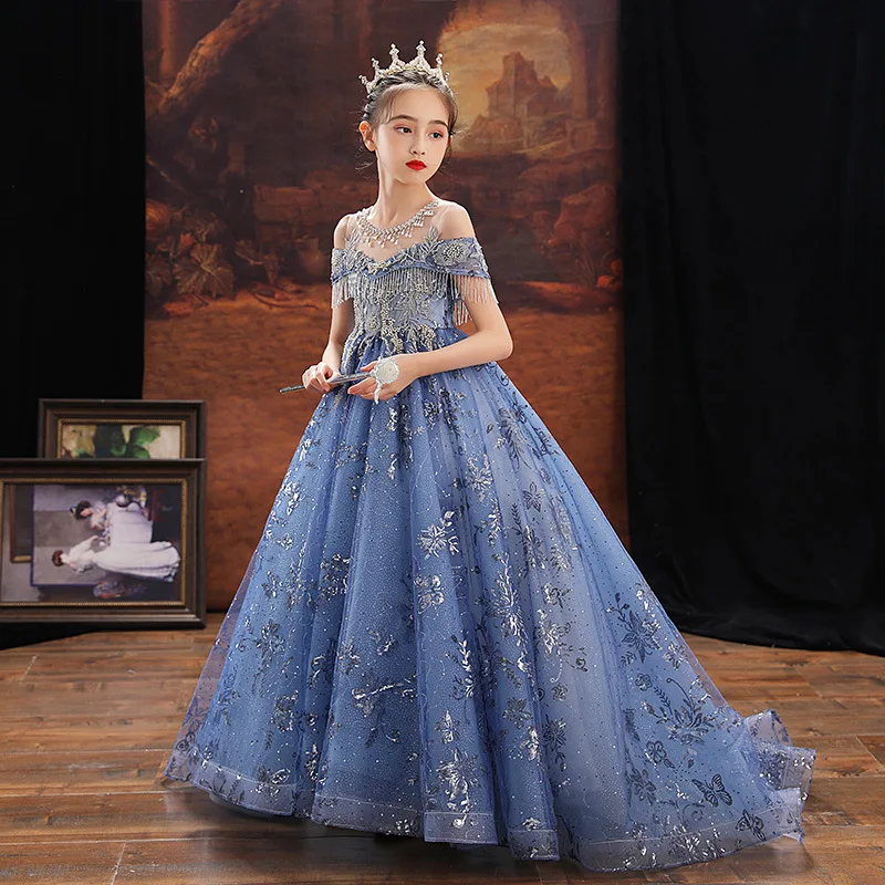 Kids Girls Christmas Formal Evening Long Dresses Evening Fairy Gown and Maxi Dress Up Costumes for Children Luxury Blue Vestidos