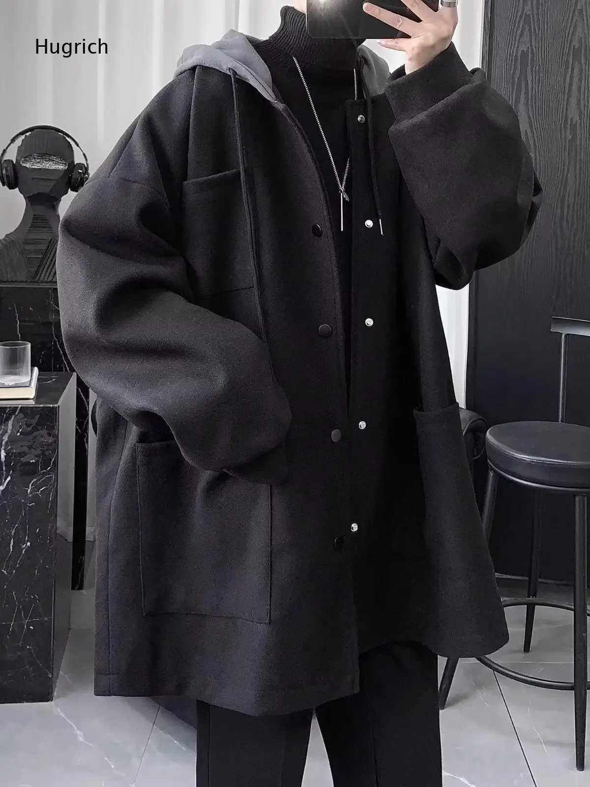 Black Detachable Hood Quilted Lined Wool Coat Mens Oversized Big Pocket Winter Street Overcoat