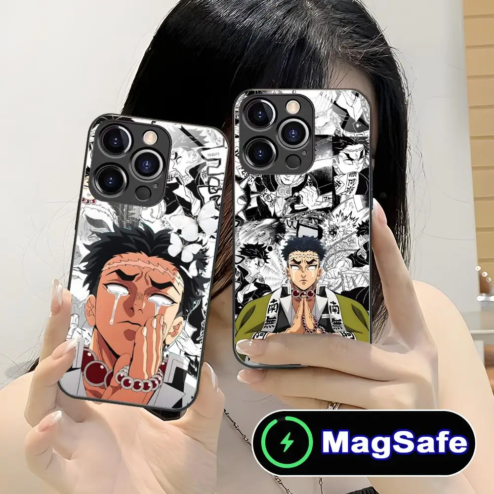 حافظة هاتف Demon Slayer Gyomei لهاتف آيفون 16 15 14 13 12 11 Pro Max Plus Mini MagSafe لون زجاجي غطاء حماية للهاتف الذكي