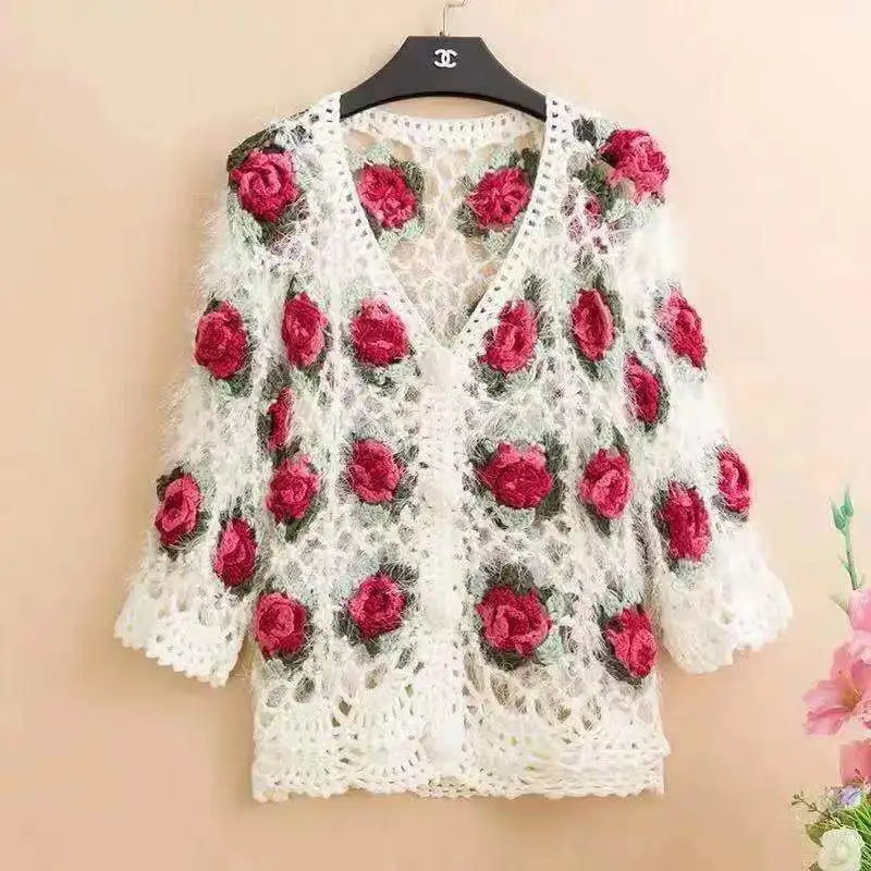 Three-Dimensional Flower Openwork Crocheted Sweater Cardigan Women\'s Spring And Autumn New Heavy Industry Joker Sweater 3XL Coat