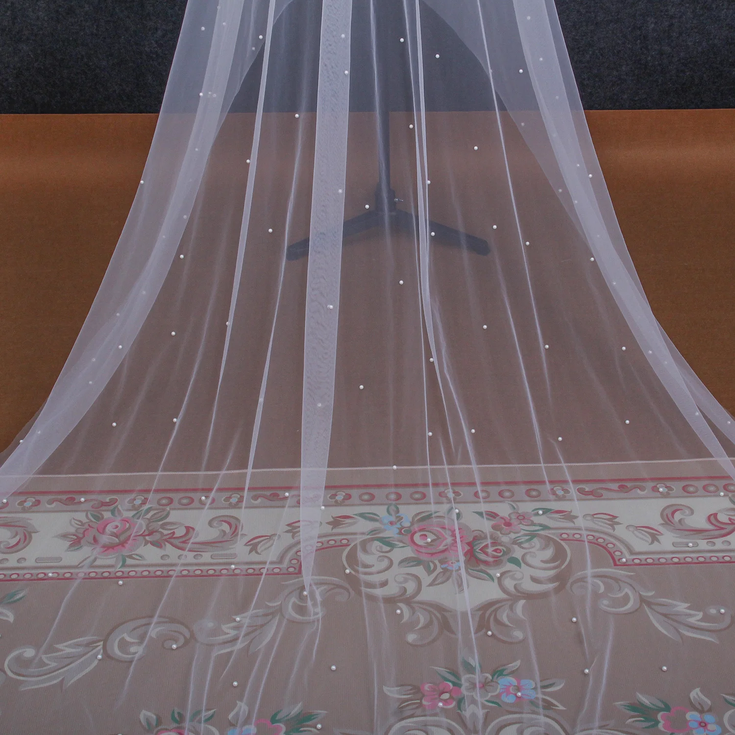 NZUK 2 Layer Cathedral Wedding Veil with Blusher Long Bridal Pearls Veus Bridal Veils Cover Front and Back