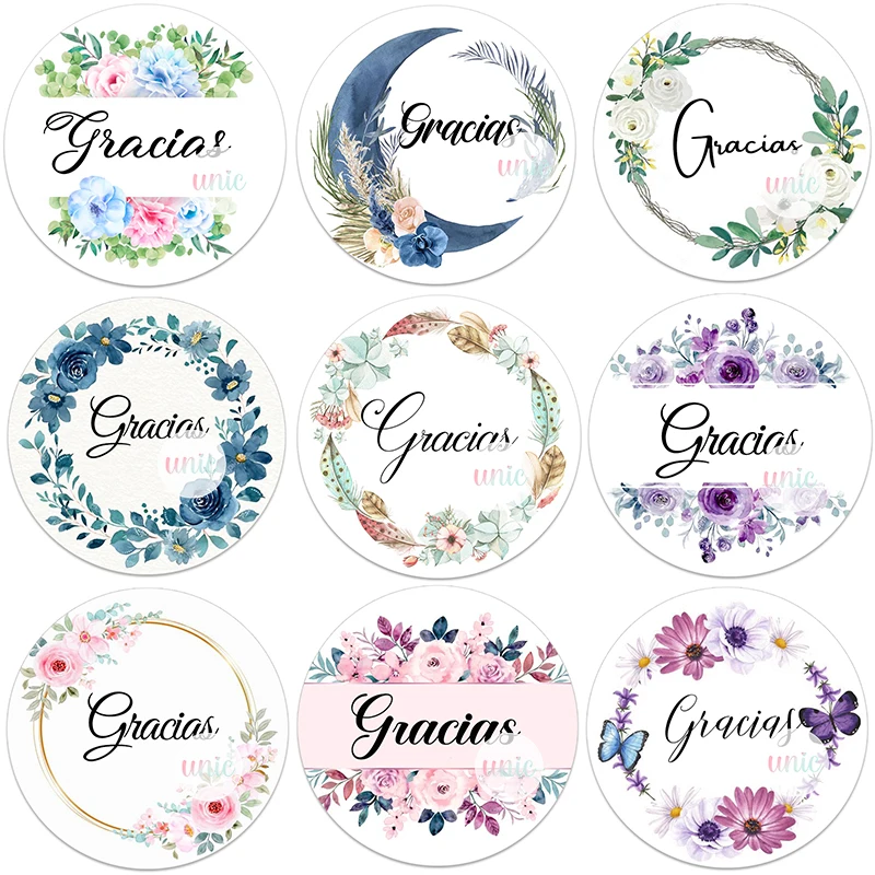 Español Thank You Gracias Floral Frame Sticker Self-adhesive Seal Label Party Christmas Wedding Thanksgiving Sticker Decoration