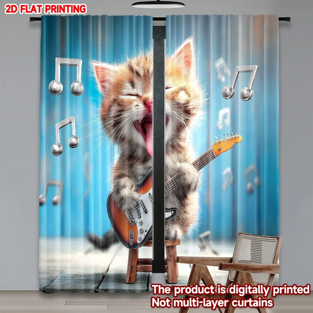 2pcs Cat Playing Guitar Curtains Cute Kitten with Music Notes Pattern Fun Animal Design for Kids Room Living Room
