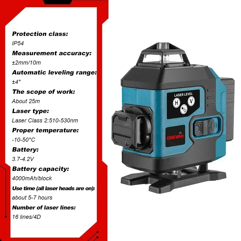 Cordless 16 Lines 4D Laser Level Self-Leveling 360 Horizontal And Vertical Cross Super Powerful Green Laser Level