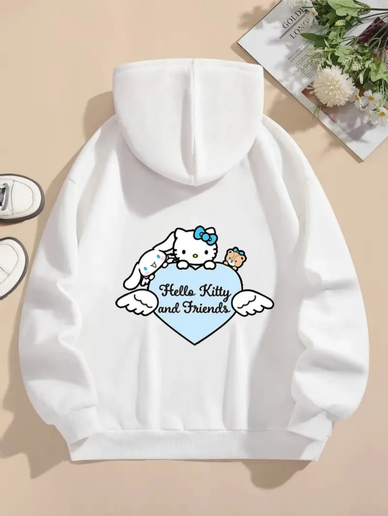 Moletom com capuz estampado Sanrio Picture Hello Kitty com cordão para outono e inverno de algodão quente, confortável e elegante