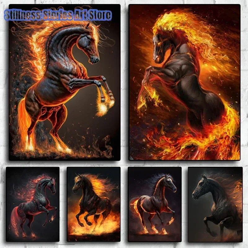 Abstract Running Horse with Fire Aesthetic Canvas Painting Posters and Prints Wall Art Picture For Living Room Decoration