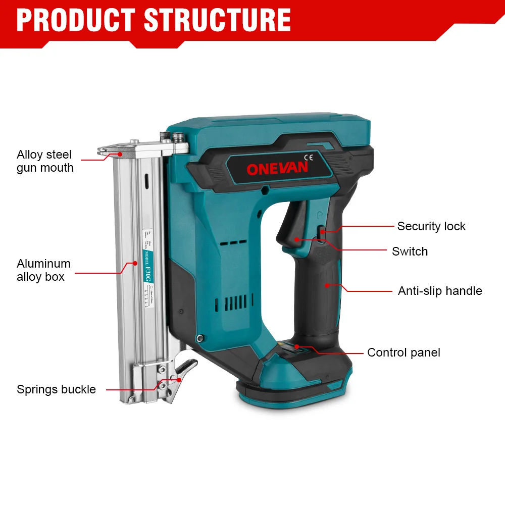 ONEVAN Brushless Electric Nail Gun F30 Nailer Stapler Framing Nailer Rechargeable Nail Woodworking Tools For Makita 18V Battery