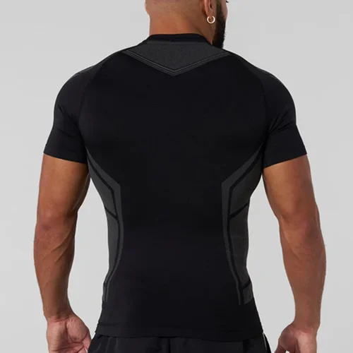 Imagen 2 del producto Camiseta deportiva ajustada para hombre, traje de Fitness de alta elasticidad, secado rápido, moda americana ajustada, entrenamiento de piernas musculares, manga corta