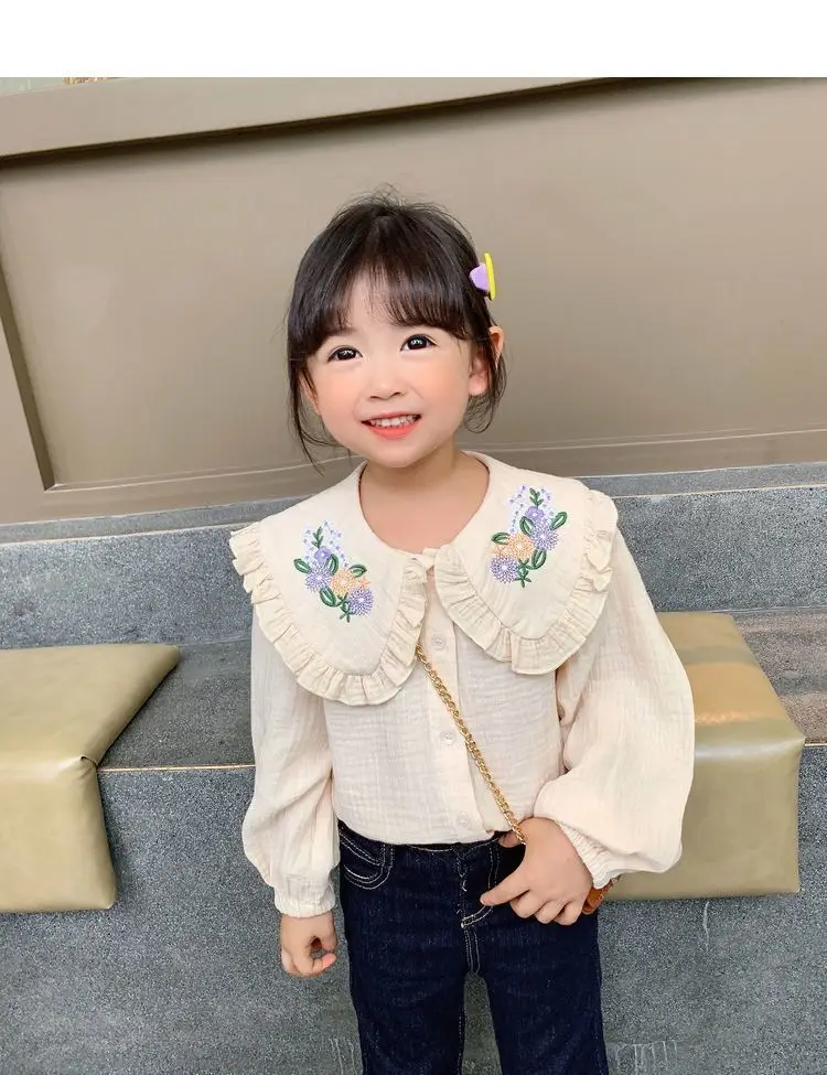 Girl's Baby Collar Shirt Spring and Autumn 2024 New Children's Korean Style Embroidered White Shirt Little Girl's Top