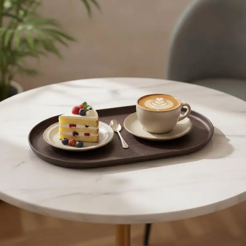 Walnut Wood Grain Oval Serving Tray Easy Wipe Clean Platter for Cake Appetizer Catering Restaurant Commercial Use