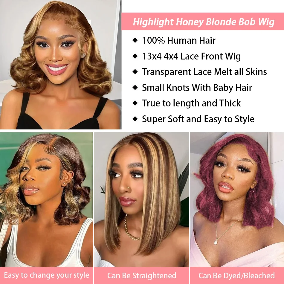Body Wave Bob Wig Highlight Brown Short Cut Wavy 13x4 Transparent Lace Frontal Wigs 4/27 Color Mix Ombre Blonde 100% Human Hair view 5