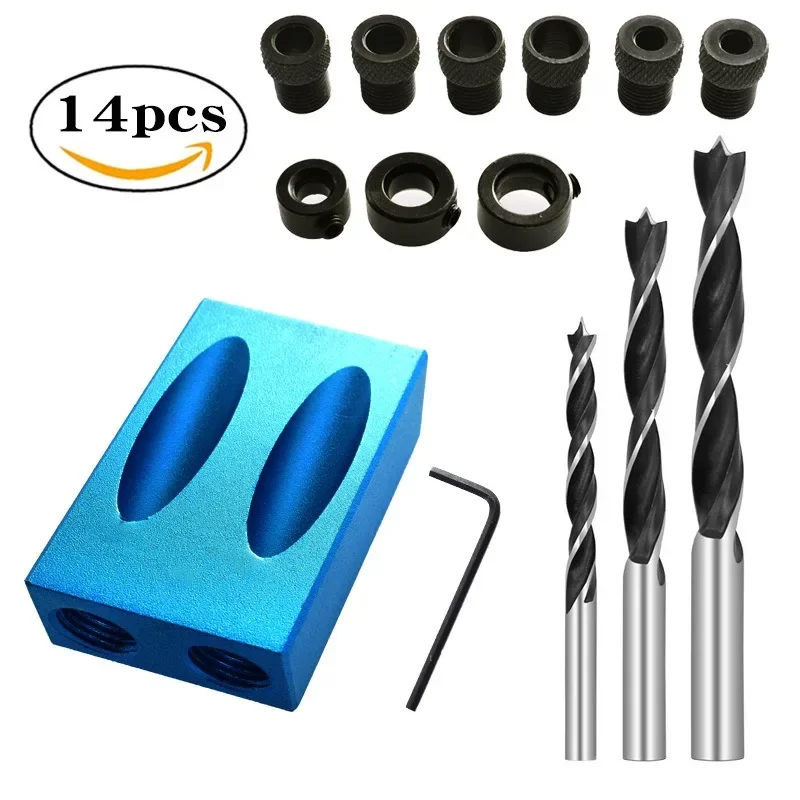 Woodworking Oblique Pocket Hole Locator Jig Kit 15 Degree Angle Drill Guide Set Hole Puncher DIY Carpentry Tools Drill Bits