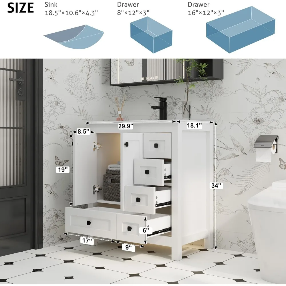 30 inch Wood Bathroom Vanity with Sink Undermount White Single Sink, Matte Black Faucet Drain