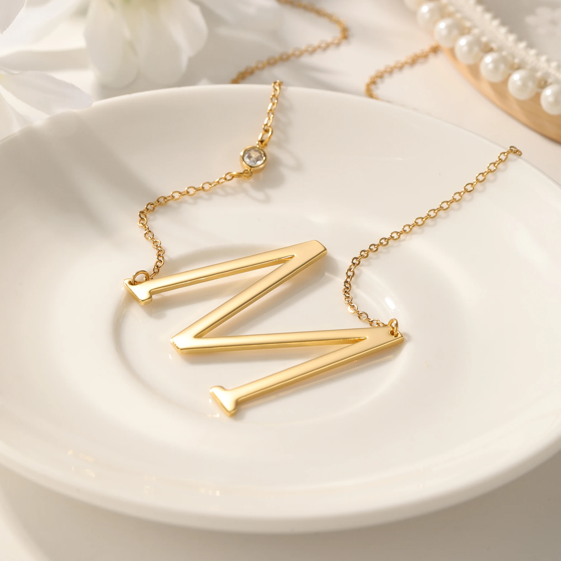 

Personalized Initial Letter Necklace with Custom Large White Diamond Pendant 18K Gold Plated Jewelry Gift for Girlfriend
