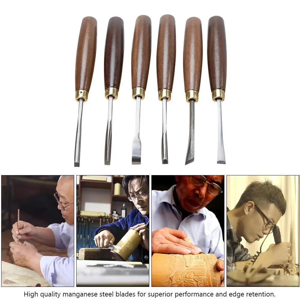 Wood Carving Chisel Set 6 Piece Walnut Handle Carpenter Hand Tools Assorted Sizes for Woodworking