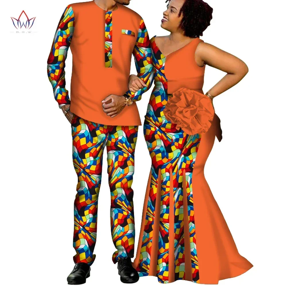 

African Couple Clothes Women`s Long Maxi Dress And Men`s Tracksuit Dashiki Outfits Shirts And Pants Set Evening Wedding WYQ344