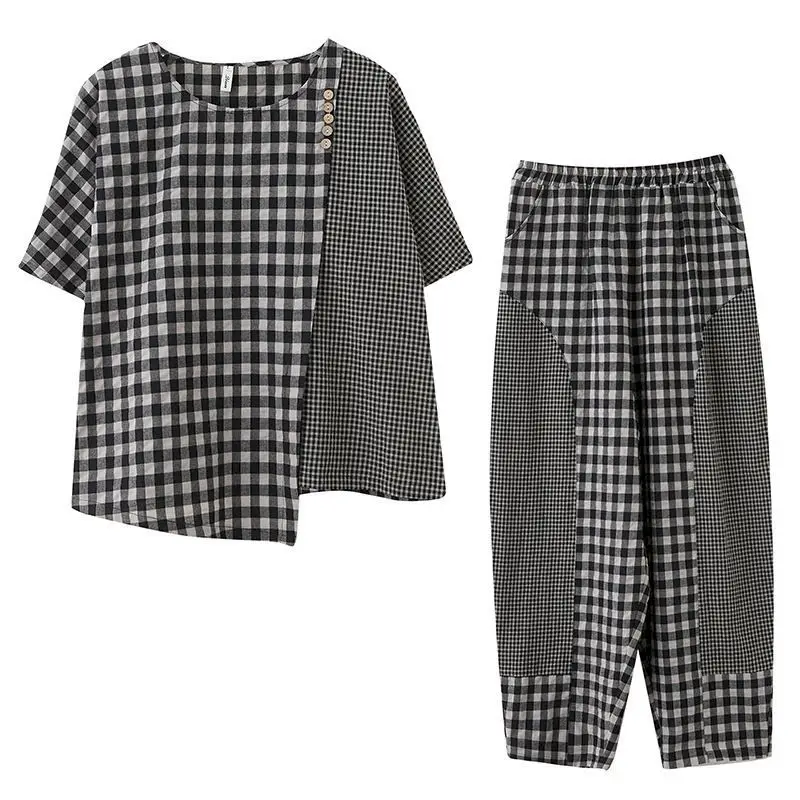 Summer Casual Suits Women Korean Style Loose Large Size Plaid Stitching T Shirt Loose Harem Pants Cotton Linen Two Piece Sets