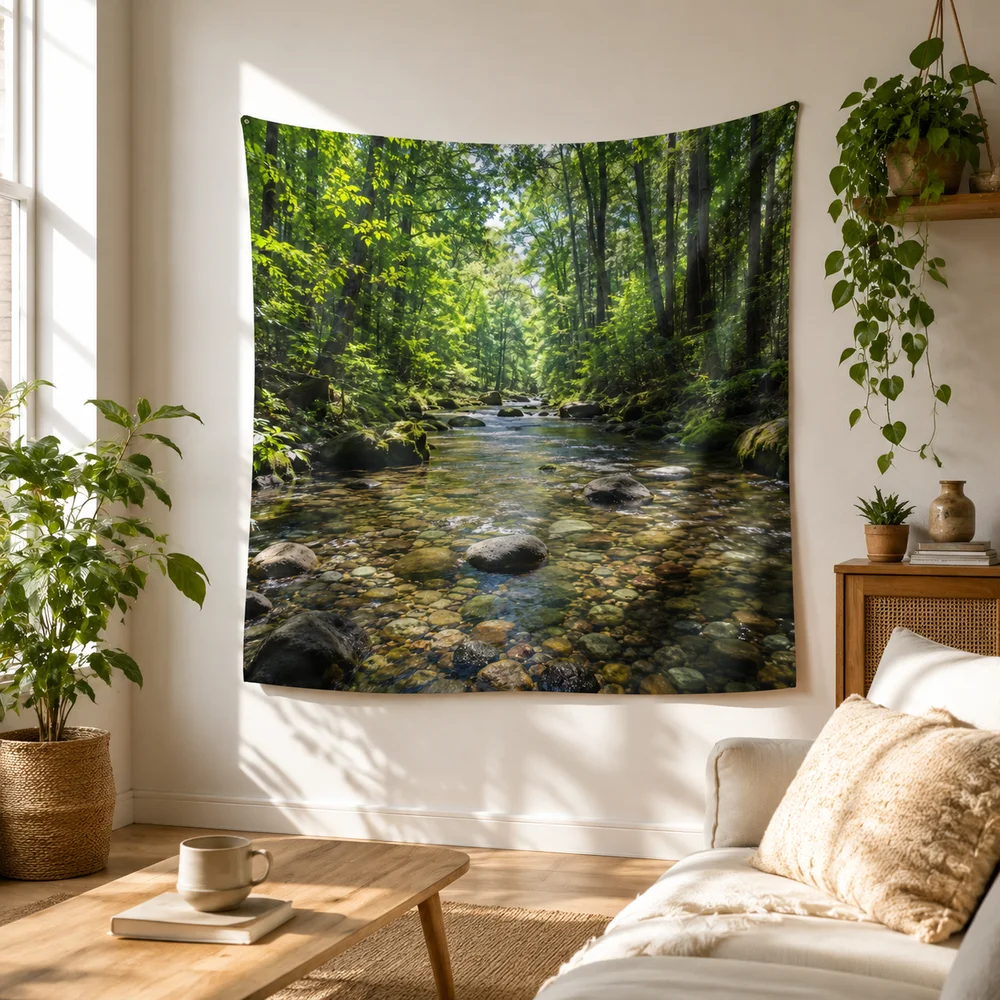 Green Forest Stream Tapestry, Nature River Stone Wall Hanging for Living Room Bedroom Boho Home Decor