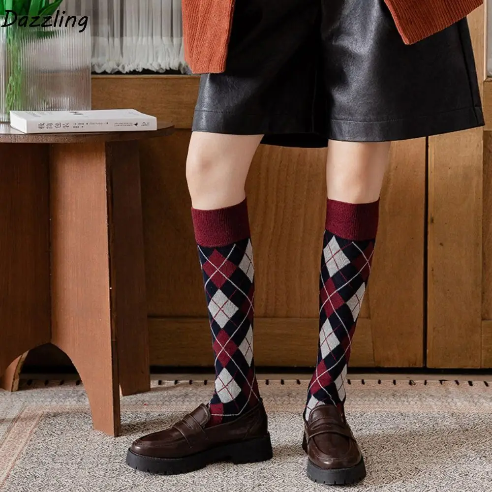 

Warm Plaid Stripe Check Socks Streetwear Elastic Knee High Stockings Academic Atmosphere Hosiery British Style Long Socks Lolita