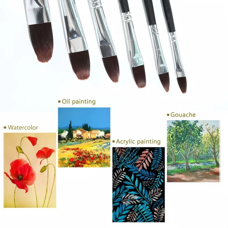 6 قطع مقبض خشبي طويل شعيرات نايلون ألوان مائية مجموعة فرشاة رسم الغواش للجدار الكتابة على الجدران لوحة فنية ذاتية الصنع