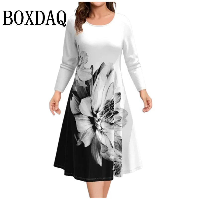 Autumn Winter New Ladies Pus Size Casual Dress 9XL Fashion Round Neck Geometry Printing Loose Long Sleeve A-Line Dress Vestidos