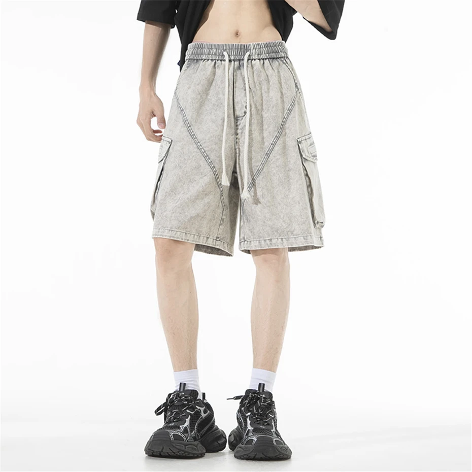 Vintage Denim Shorts Men Fashion Casual Multiple Pockets Denim Shorts Summer Elastic Waist Short Pants Male