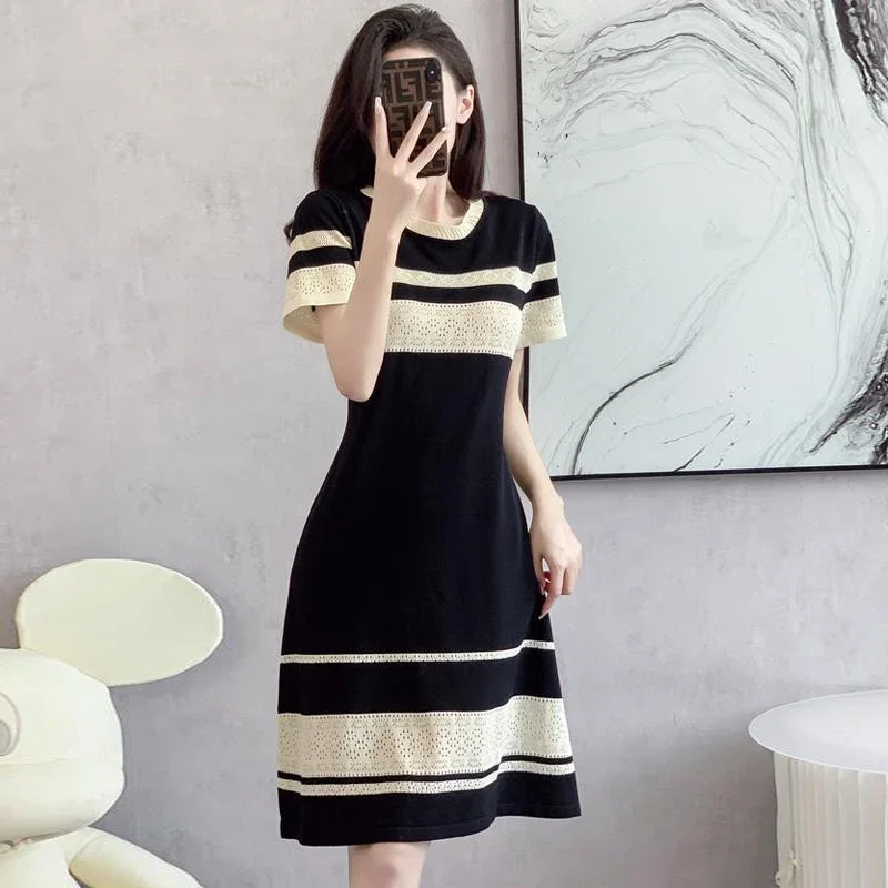 

Lady Office Temperament Elegant Dress Summer Fashion Casual Sweet O-neck Short Sleeve Contrast Dresses