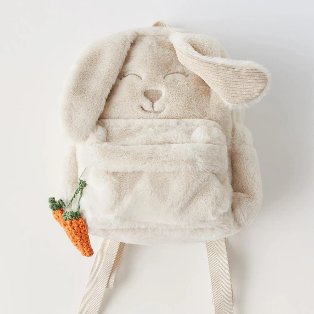 Personalized Custom Beige Plush Cute Carrot Hanging Ear Rabbit Women\'s Backpack, Embroidered Children\'s Cute Gift Bag With Name