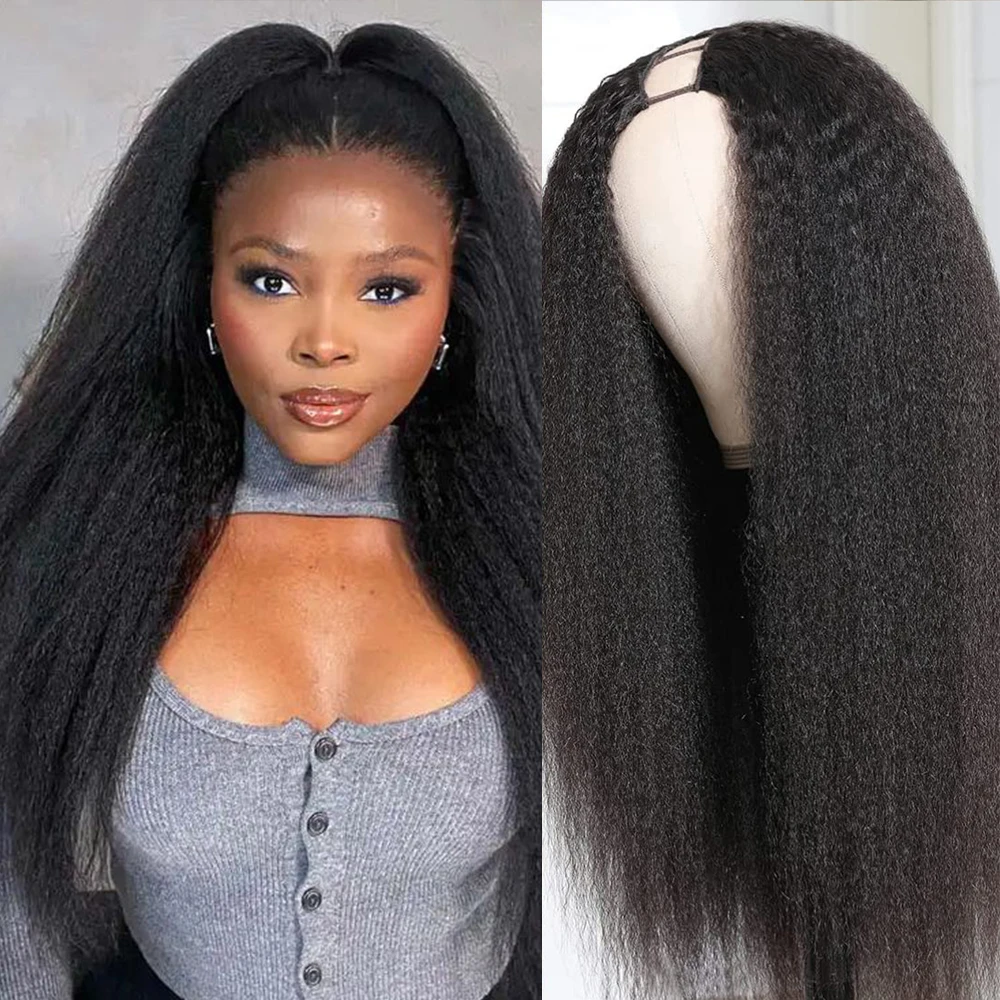 Natural Black Kinky Straight V Part Wig for Women Glueless Yaki Straight Half Wig 250% Density Human Hair Wig No Leave out
