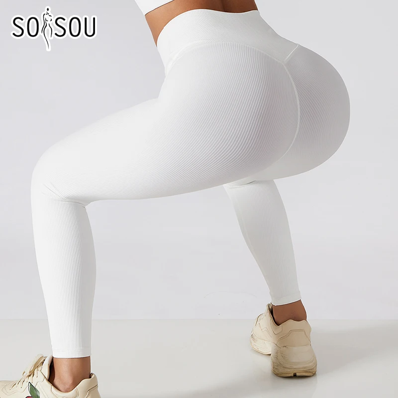 SOISOU Rib Fabric Yoga Seamless Leggings Women Gym Sport Fitness Breathable High Waist Women\'s Pants Tights Top Quality 7 Colors