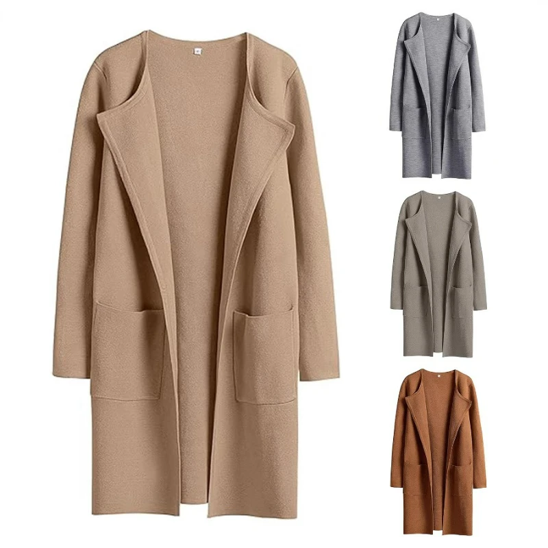 Women Cardigan Blends Long Coats Casual Straight Wool Coat Loose Turn Down Collar Solid Splice Outwear Regular Autumn 2025