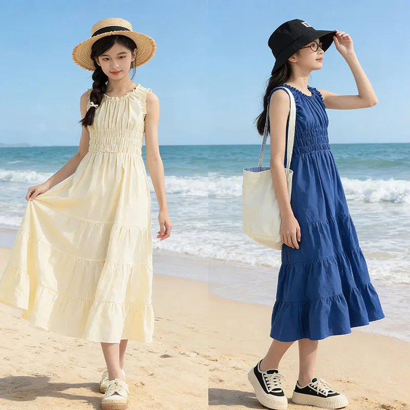 Girls' Sleeveless Tiered Maxi Dresses Pockets Blue Beige Girls Boho Smocked Waist Dress Summer Holiday For Kids Clothing 2026
