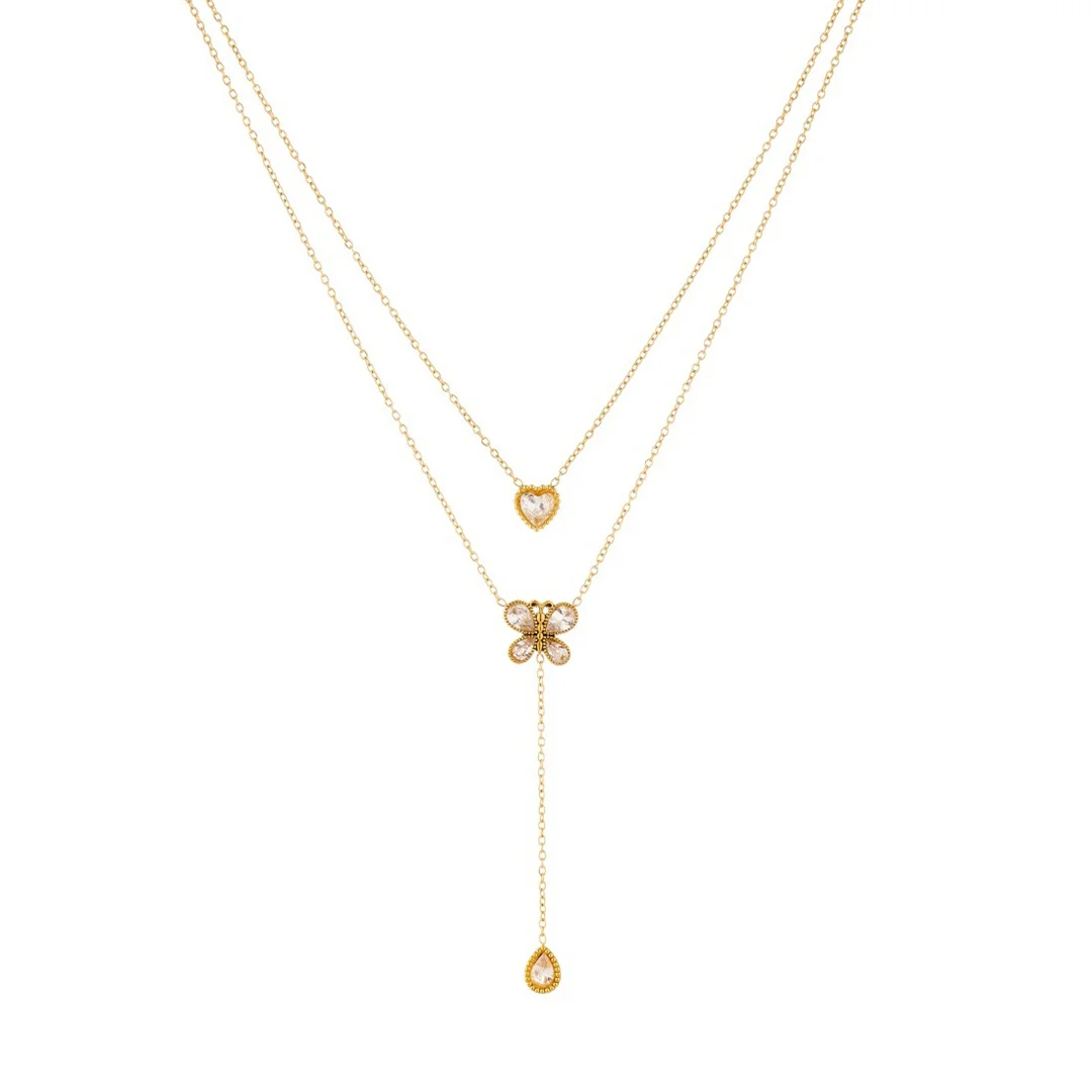 Punk Fashion Zircon Water Droplet Heart Bowknot Charm Pendant Female Gold Color Stainless Steel Chain Necklace for Women Jewelry